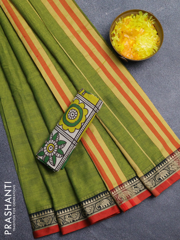 Narayanpet cotton saree light green and beige with plain body and thread woven border