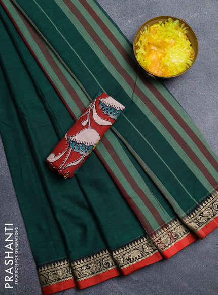 Narayanpet cotton saree bottle green and maroon with plain body and thread woven border