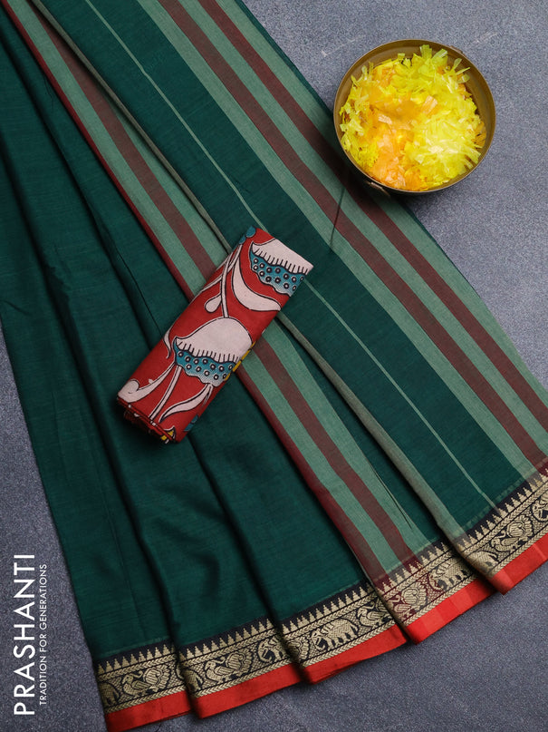Narayanpet cotton saree bottle green and maroon with plain body and thread woven border