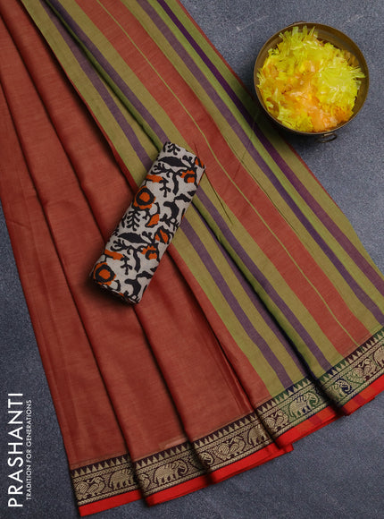 Narayanpet cotton saree red shade and beige with plain body and thread woven border