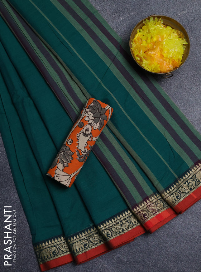 Narayanpet cotton saree green and orange with plain body and thread woven border