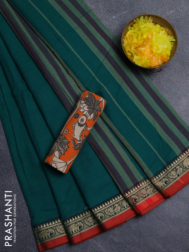 Narayanpet cotton saree green and orange with plain body and thread woven border