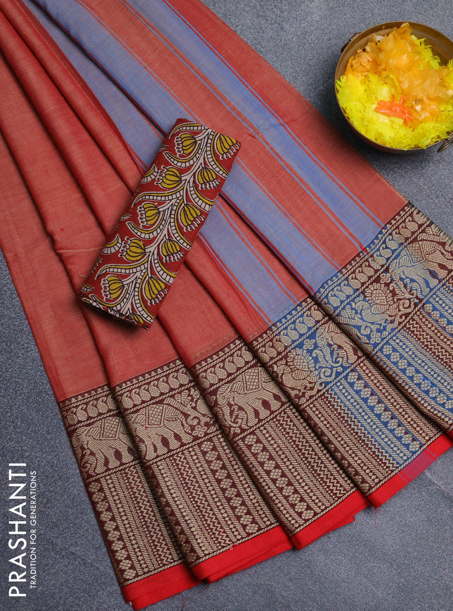 Narayanpet cotton saree red shade and maroon with plain body and long thread woven border