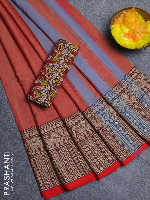 Narayanpet cotton saree red shade and maroon with plain body and long thread woven border