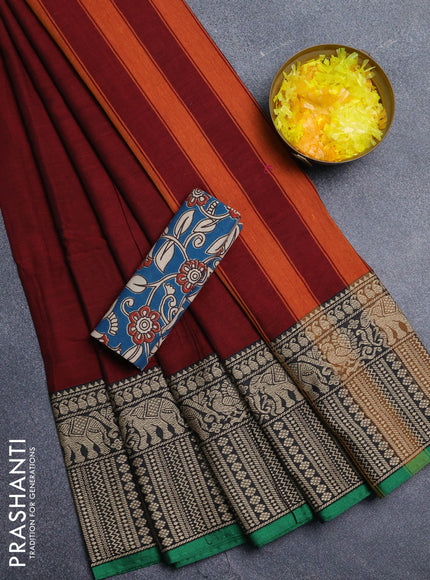 Narayanpet cotton saree deep maroon and peacocck blue with plain body and long thread woven border