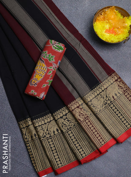 Narayanpet cotton saree black and maroon with plain body and long thread woven border