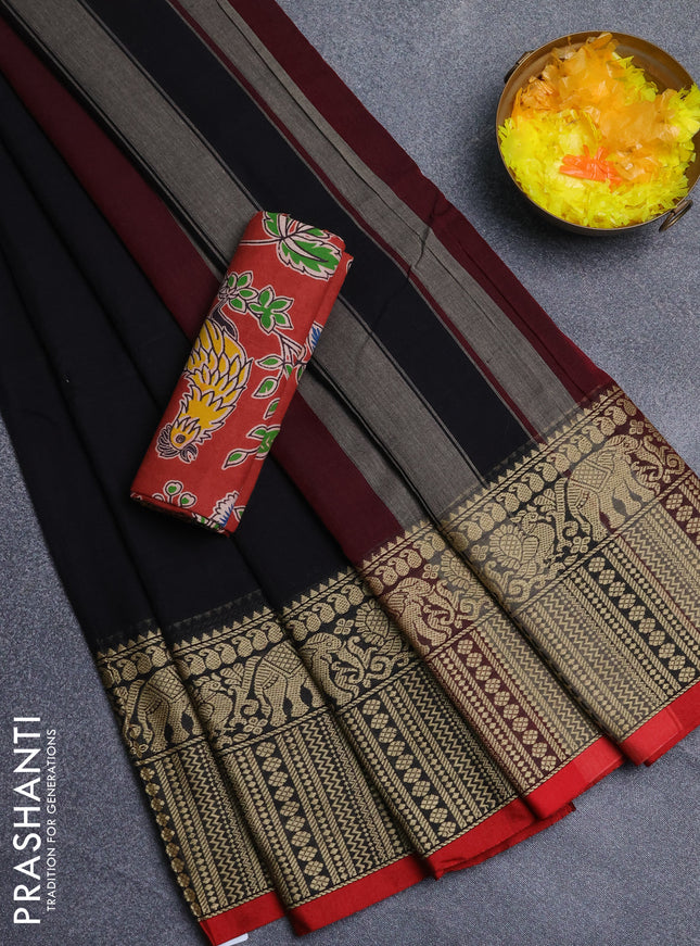 Narayanpet cotton saree black and maroon with plain body and long thread woven border