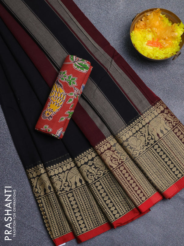 Narayanpet cotton saree black and maroon with plain body and long thread woven border