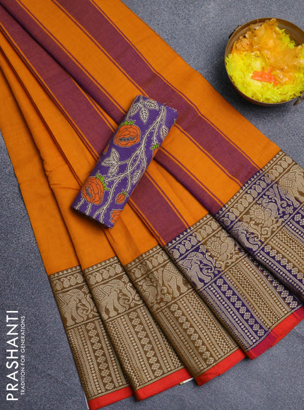 Narayanpet cotton saree yellow and violet with plain body and long thread woven border