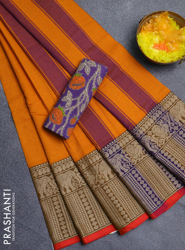 Narayanpet cotton saree yellow and violet with plain body and long thread woven border