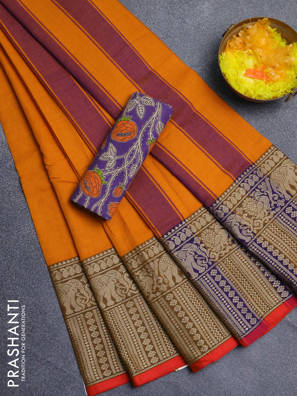 Narayanpet cotton saree yellow and violet with plain body and long thread woven border
