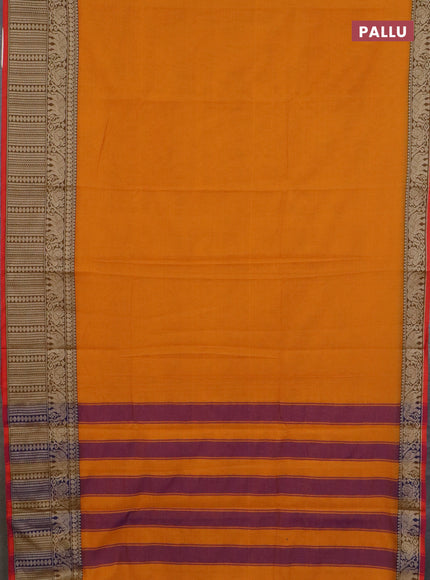 Narayanpet cotton saree yellow and violet with plain body and long thread woven border