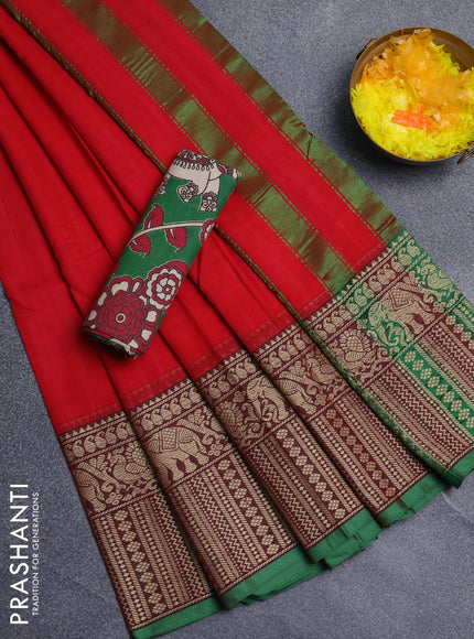 Narayanpet cotton saree red and green with plain body and long thread woven border