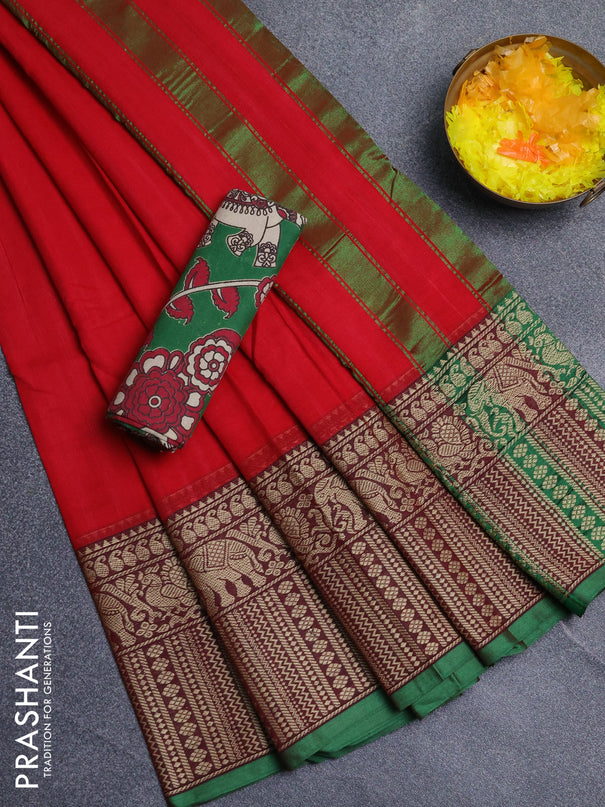 Narayanpet cotton saree red and green with plain body and long thread woven border