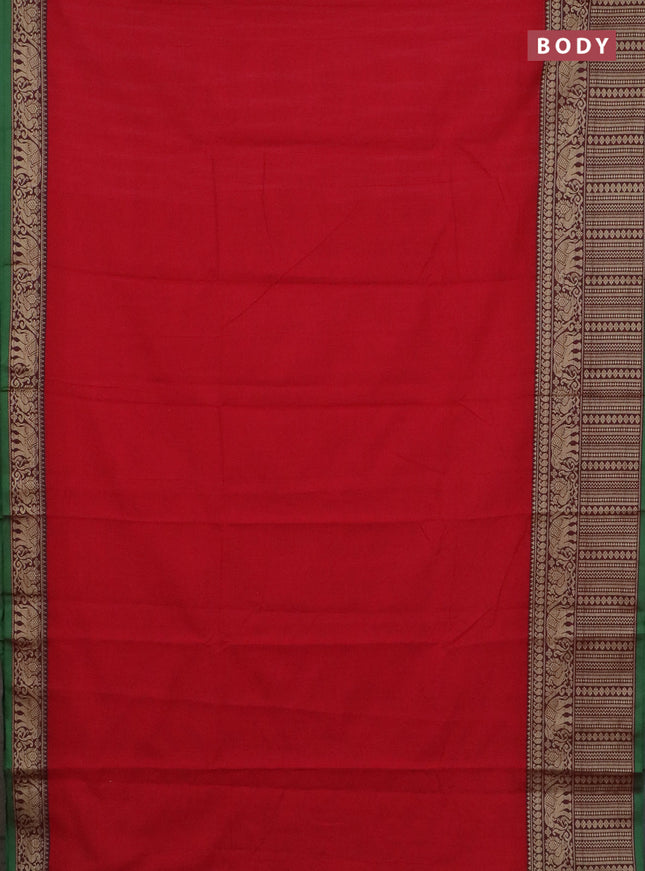 Narayanpet cotton saree red and green with plain body and long thread woven border