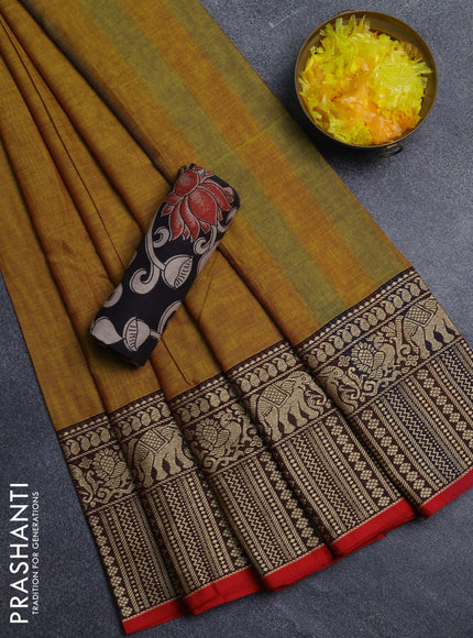Narayanpet cotton saree mustard yellow and black with plain body and long thread woven border