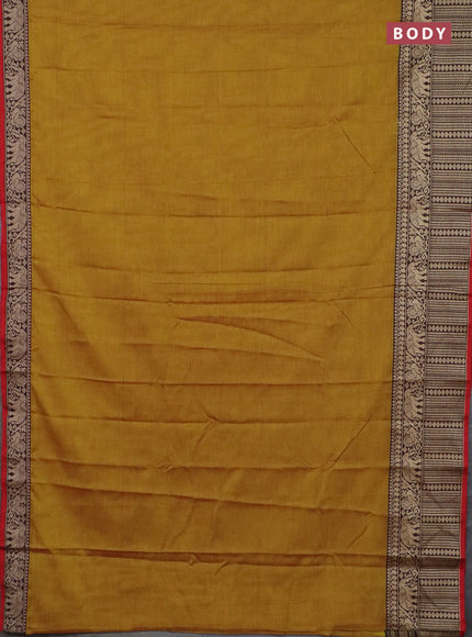 Narayanpet cotton saree mustard yellow and black with plain body and long thread woven border