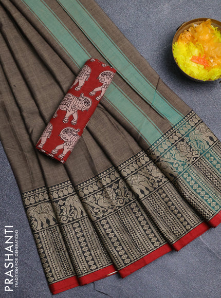 Narayanpet cotton saree chikku shade and maroon with plain body and long thread woven border