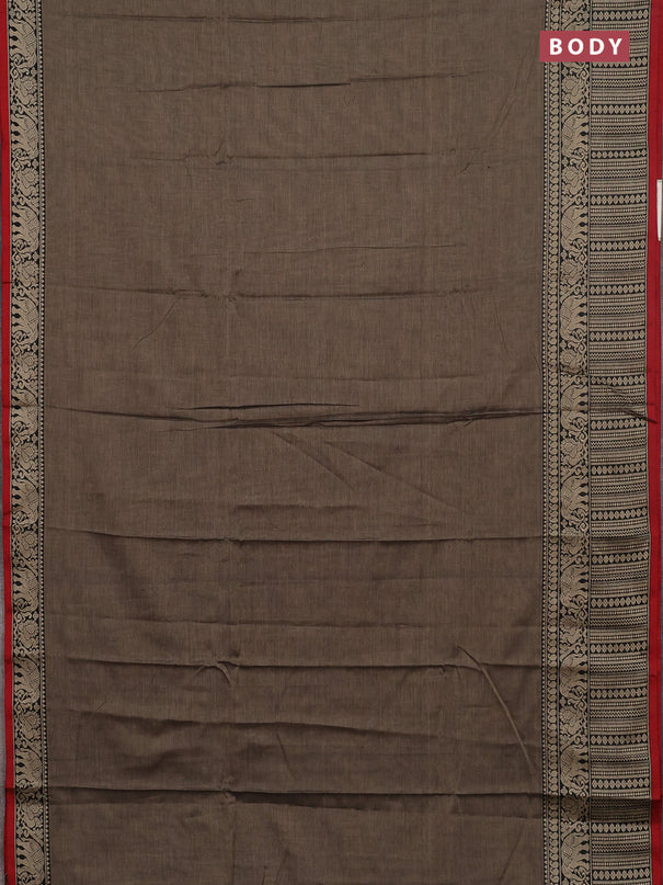 Narayanpet cotton saree chikku shade and maroon with plain body and long thread woven border