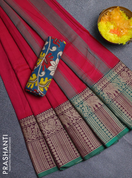 Narayanpet cotton saree dark pink and cs blue with plain body and long thread woven border