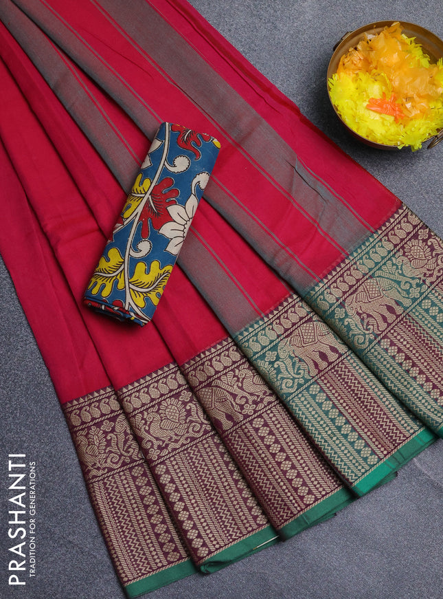 Narayanpet cotton saree dark pink and cs blue with plain body and long thread woven border