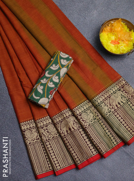 Narayanpet cotton saree rust shade and green with plain body and long thread woven border