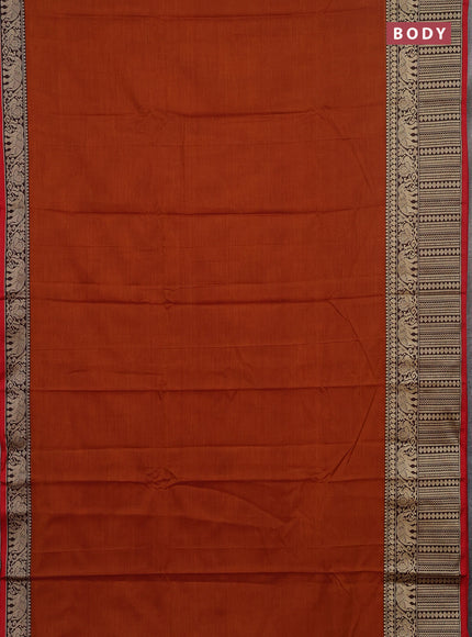 Narayanpet cotton saree rust shade and green with plain body and long thread woven border