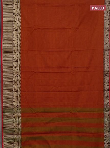 Narayanpet cotton saree rust shade and green with plain body and long thread woven border