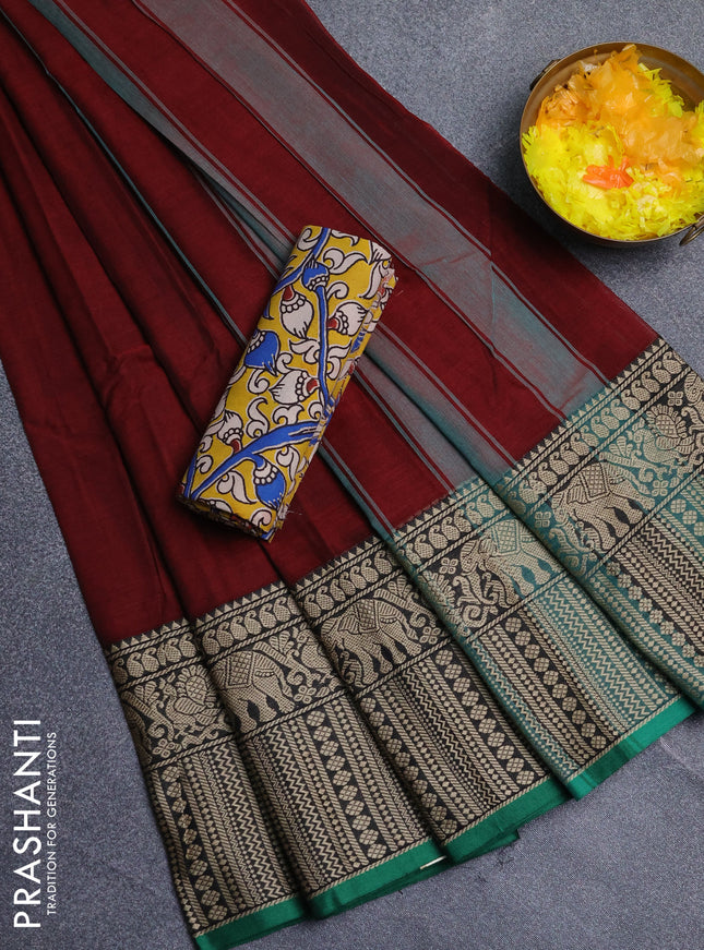 Narayanpet cotton saree deep maroon and yellow with plain body and long thread woven border