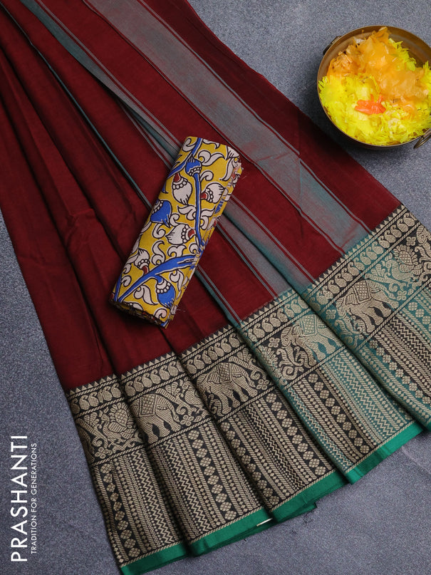 Narayanpet cotton saree deep maroon and yellow with plain body and long thread woven border