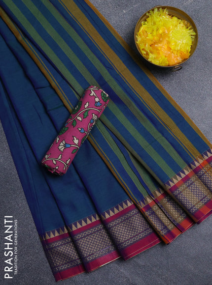 Narayanpet cotton saree dual shade of bluish green and mauve pink with plain body and thread woven border