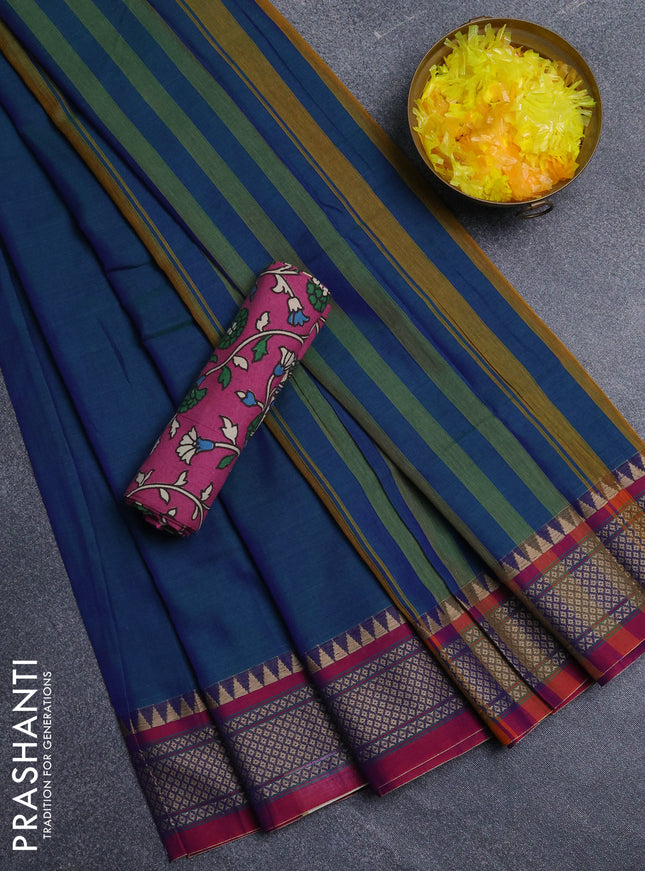 Narayanpet cotton saree dual shade of bluish green and mauve pink with plain body and thread woven border