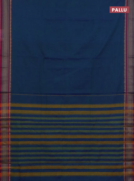 Narayanpet cotton saree dual shade of bluish green and mauve pink with plain body and thread woven border