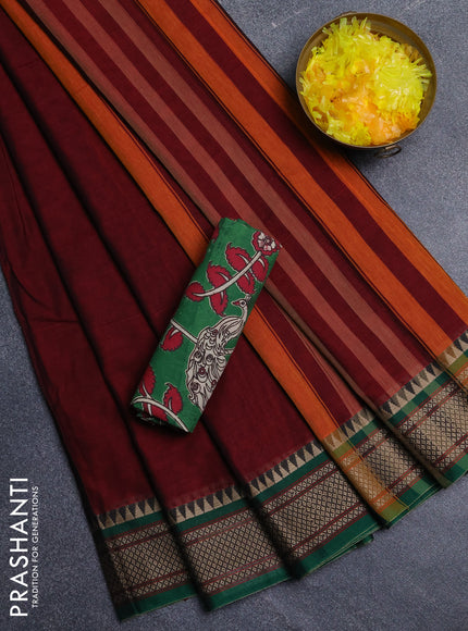 Narayanpet cotton saree deep maroon and green with plain body and thread woven border