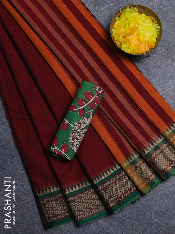 Narayanpet cotton saree deep maroon and green with plain body and thread woven border