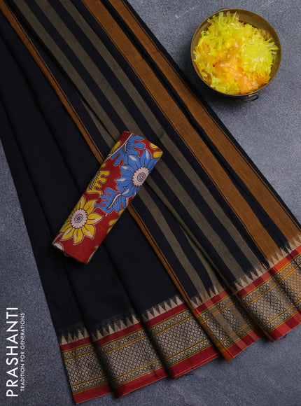 Narayanpet cotton saree black and maroon with plain body and thread woven border