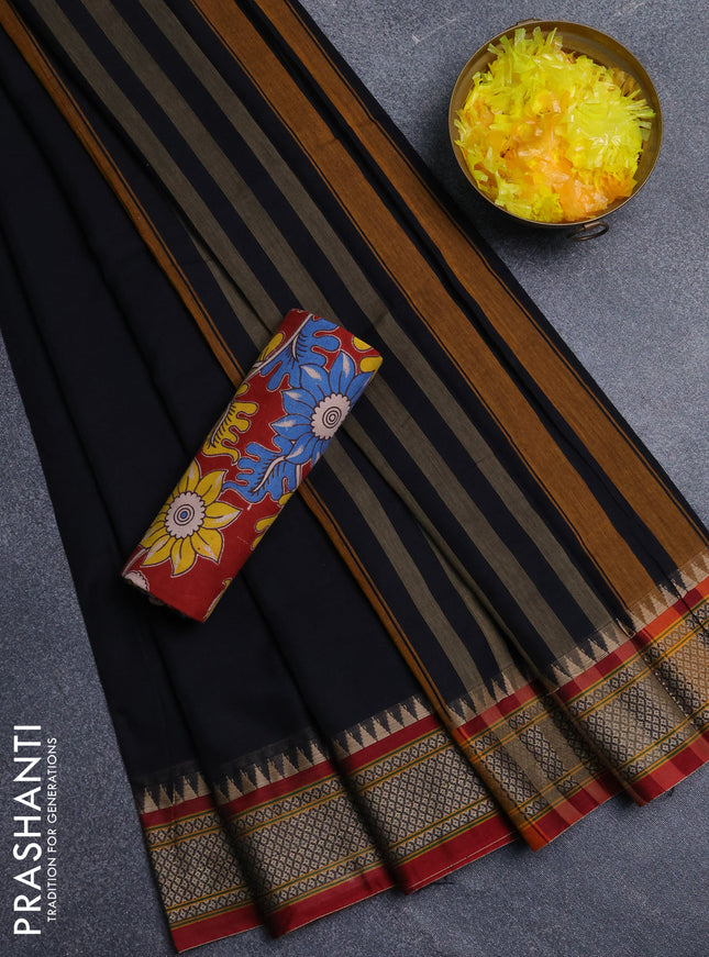 Narayanpet cotton saree black and maroon with plain body and thread woven border