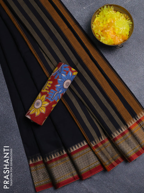 Narayanpet cotton saree black and maroon with plain body and thread woven border