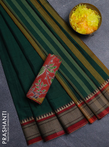 Narayanpet cotton saree bottle green and maroon with plain body and thread woven border