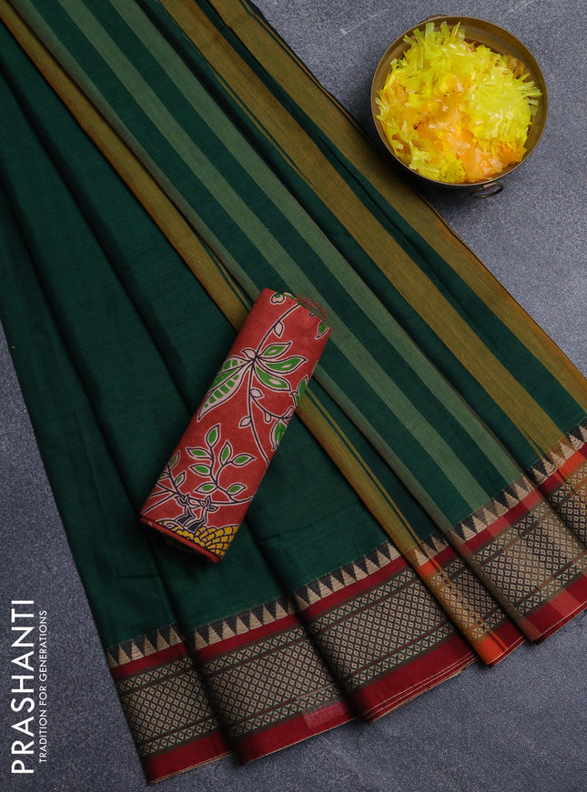 Narayanpet cotton saree bottle green and maroon with plain body and thread woven border