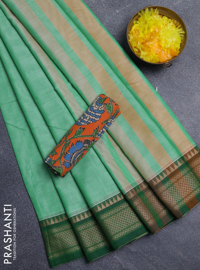 Narayanpet cotton saree light green and orange with plain body and thread woven border