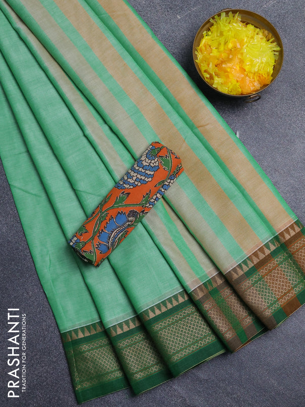 Narayanpet cotton saree light green and orange with plain body and thread woven border