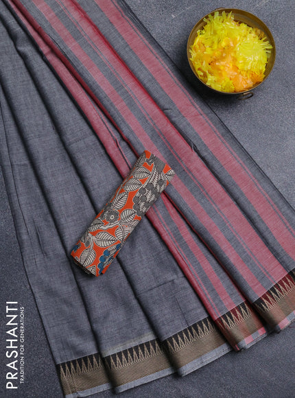 Narayanpet cotton saree grey and orange with plain body and thread woven border