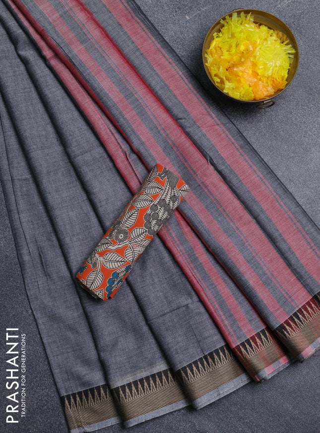 Narayanpet cotton saree grey and orange with plain body and thread woven border