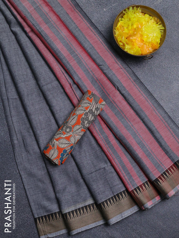 Narayanpet cotton saree grey and orange with plain body and thread woven border