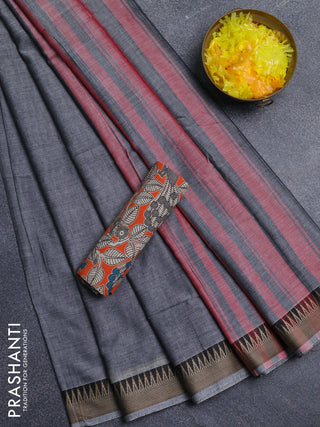Narayanpet cotton saree grey and orange with plain body and thread woven border