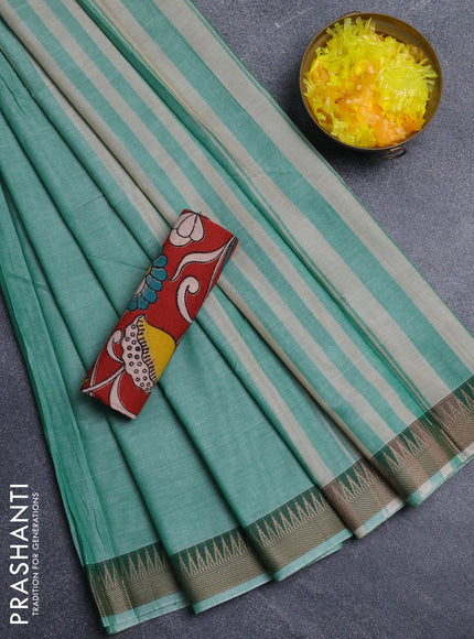 Narayanpet cotton saree light green and maroon with plain body and thread woven border