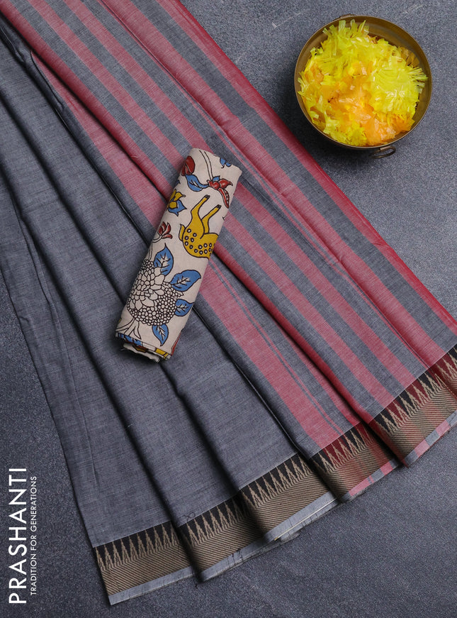 Narayanpet cotton saree grey and beige with plain body and thread woven border