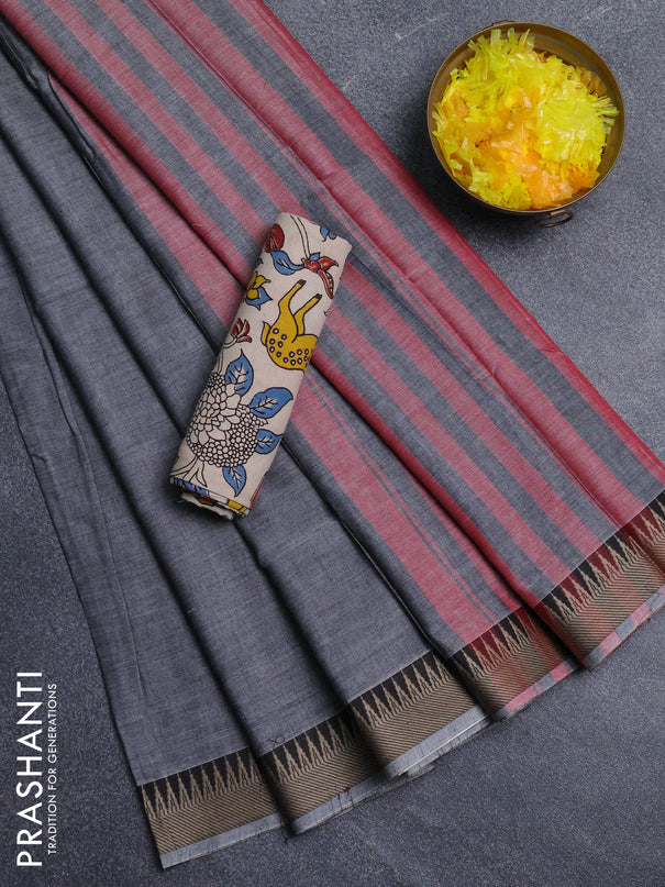 Narayanpet cotton saree grey and beige with plain body and thread woven border