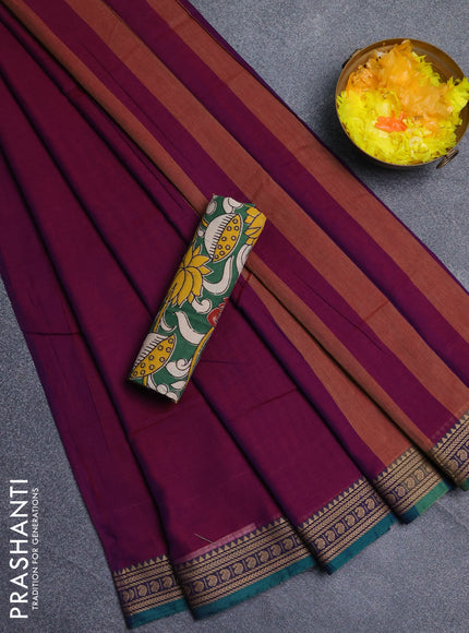 Narayanpet cotton saree purple and green with plain body and thread woven border